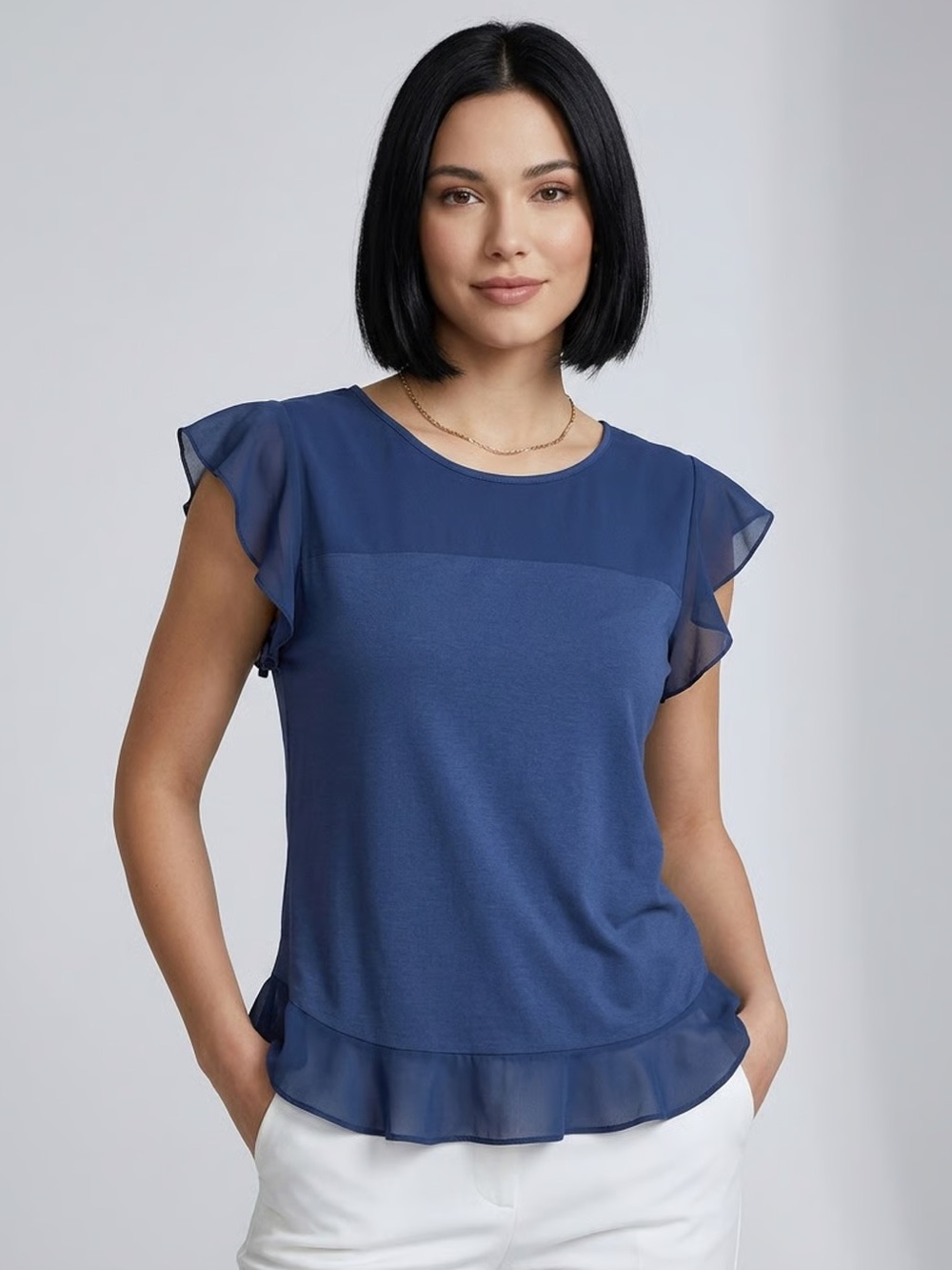 J. CREW | Blue Ruffle Sleeve & Hem T-shirt Sz S